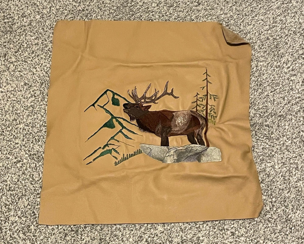 Handmade Embroidered Elk Wildlife Brown Leather Panel Craft Pillow Cushion USA